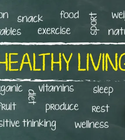 Chalkboard displaying the words healthy living surrounded by lifestyle terms, highlighting comprehensive Women's Health & Wellness Nutrition Plans.