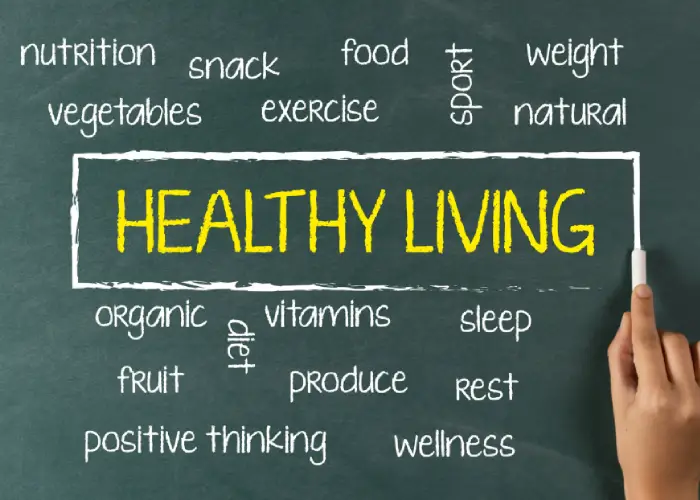 Chalkboard displaying the words healthy living surrounded by lifestyle terms, highlighting comprehensive Women's Health & Wellness Nutrition Plans.