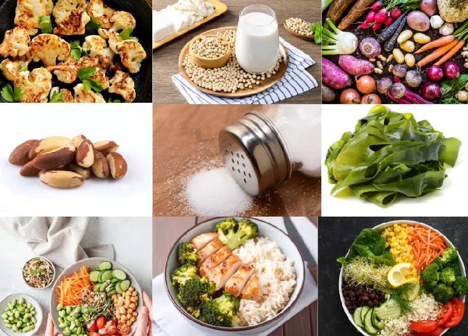 Thyroid meal planning foods including cauliflower, soy, Brazil nuts, seaweed, salt and balanced meal bowls